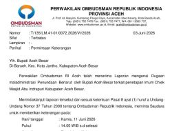 Ombudsman Surati Bupati Aceh Besar Terkait Dugaan Maladministrasi Penunjukan Imum Chiek